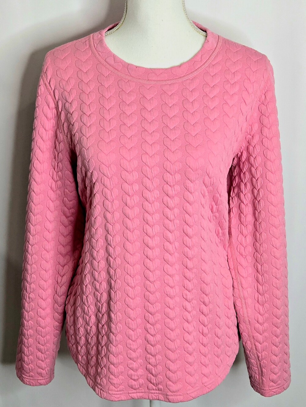 J. Crew Pink Quilted Embossed Heart Long Sleeve Top Pullover NWOT Size M